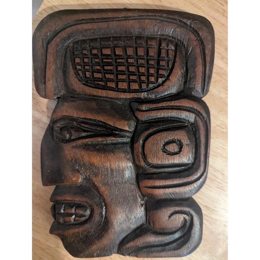 Vintage Honduras Hand Carved Wood Mayan Aztec Face Wall Plaque Folk Art Decor
